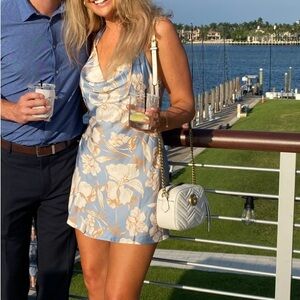 Hello Molly Light Blue Floral Satin Halter Dress